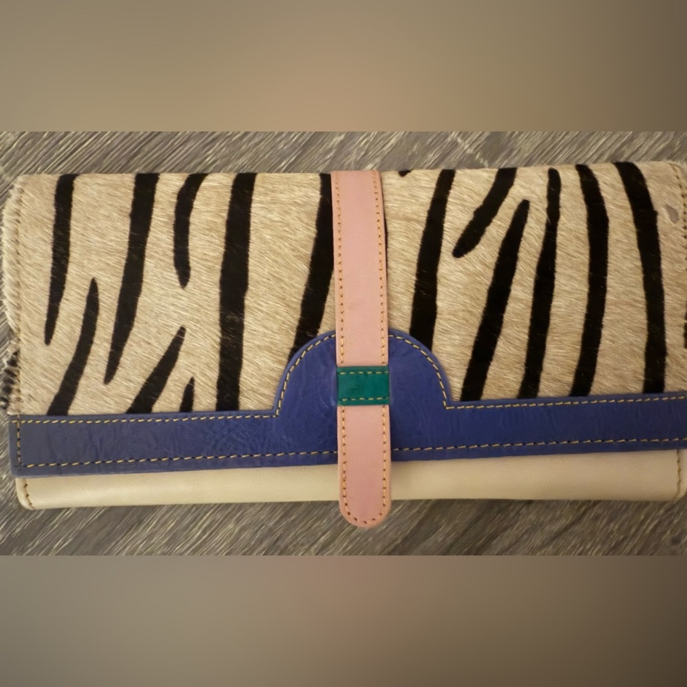 Stylish Zebra Print Clutch with Pink and Blue Accents